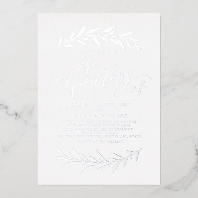 Invitation En Aluminium Mariage simple calligraphie rustique feuillage arg (Recto)