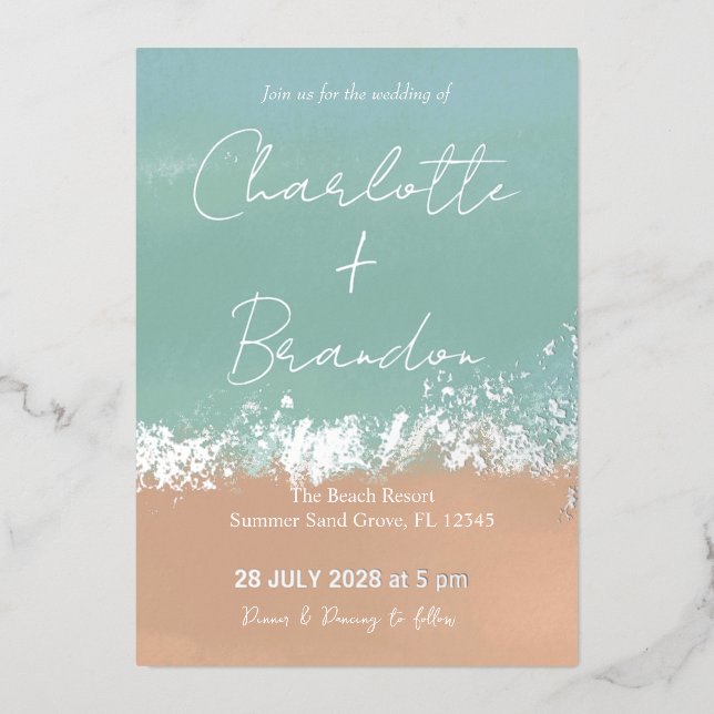 Invitation En Aluminium Mariage Simple de Plage d'Été en Argent (Recto)