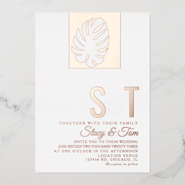 Invitation En Aluminium Mariage simple feuille Monstera Pressé (Recto)