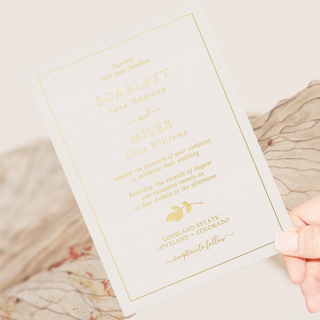 Invitation En Aluminium Mariage Simple Feuilles Dorées (Simple Minimalist Gold Foil Leaves Wedding Foil Invitation by Painted Paperie
)