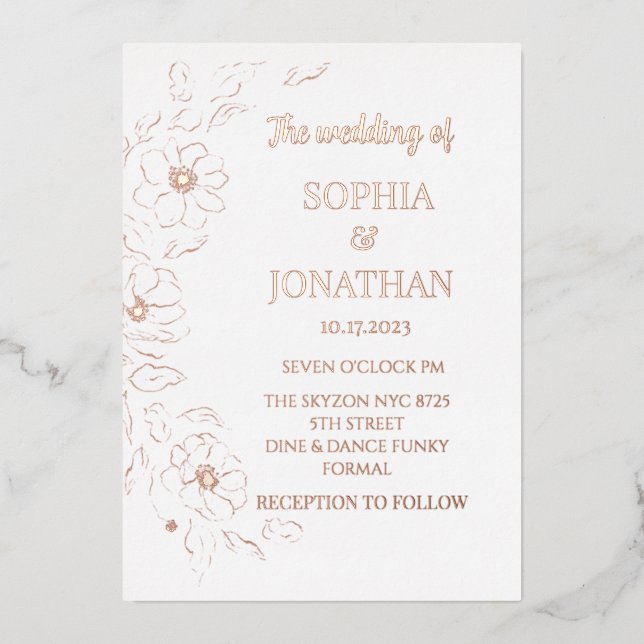 Invitation En Aluminium Mariage simple floral or feuille d'or (Recto)