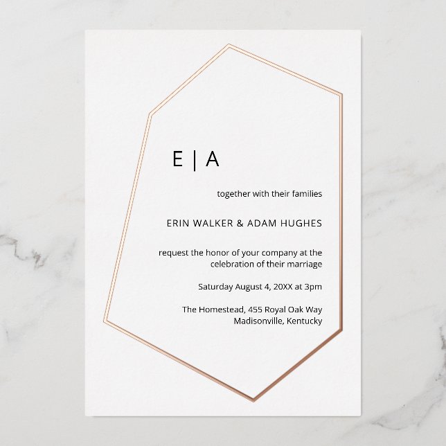 Invitation En Aluminium Mariage simple Géométrique Real Rose Gold (Recto)