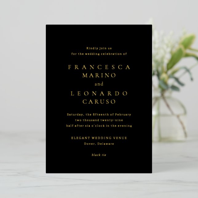 Invitation En Aluminium Mariage Simple Noir Classique (Debout devant)