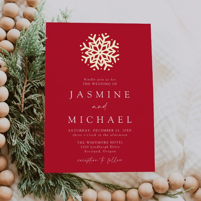 Invitation En Aluminium Mariage simple Red et Gold Snowflake (Créateur téléchargé)