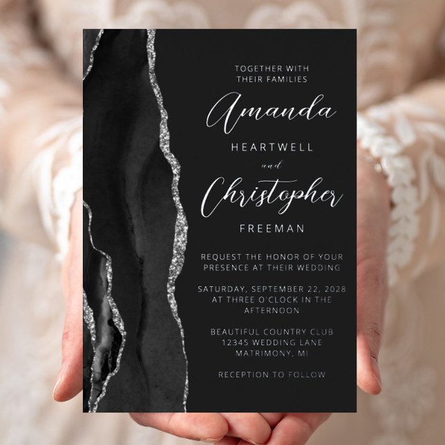 Invitation En Aluminium Mariage Sombre Agate Noir Argent Script (Créateur téléchargé)