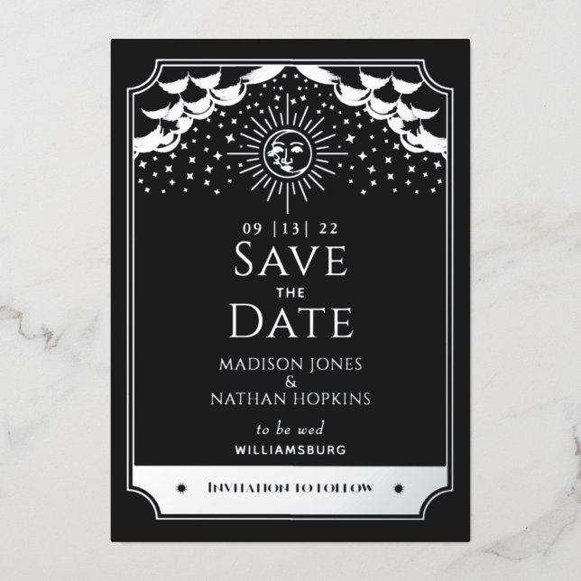 Invitation En Aluminium Mariage Tarot Lune Soleil Argent Noir Enregistrez  (Recto)