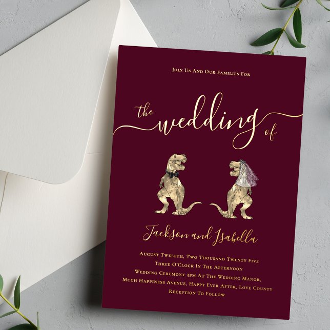Invitation En Aluminium Mariage thème dinosaure Bordeaux et Or (Dinosaur theme wedding burgundy and gold foil elegant script invitation T-Rex dino bride and groom)