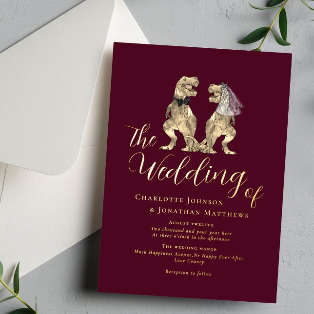 Invitation En Aluminium Mariage Thème Dinosaure Bordeaux Or (Dinosaur theme wedding burgundy gold foil invitation Elegant modern calligraphy script T-Rex dino)
