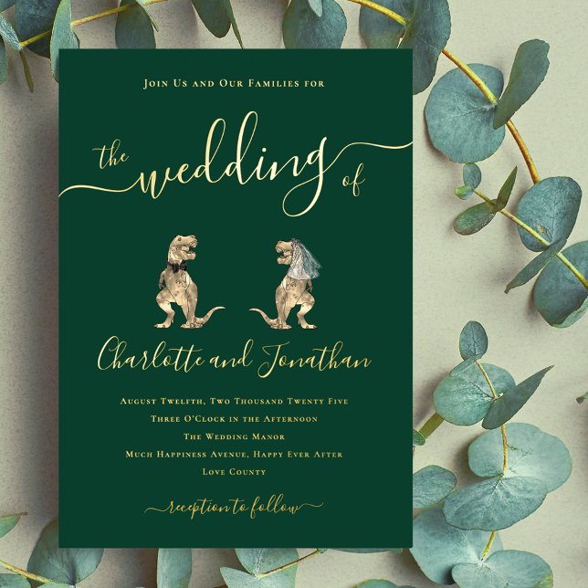 Invitation En Aluminium Mariage thème dinosaure Vert et Or (Dinosaur theme wedding dark green and gold foil invitation Eleagnt modern script funny T-Rex dino )