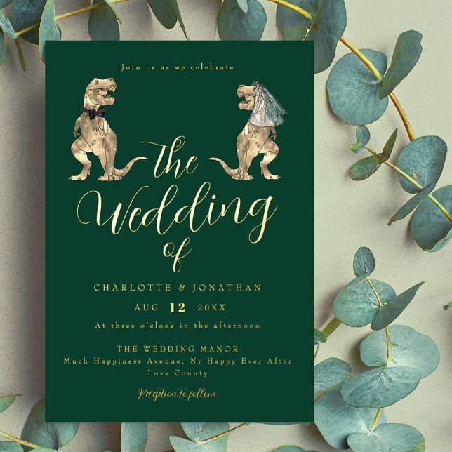 Invitation En Aluminium Mariage Thème Dinosaure Vert et Or (Dinosaur theme wedding dark green & gold foil invitation Elegant script funny T-Rex bride and groom)
