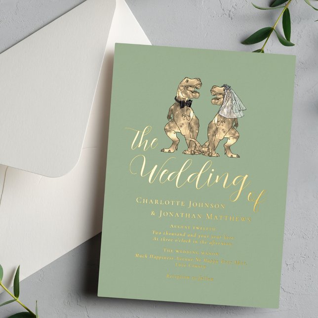 Invitation En Aluminium Mariage Thème Dinosaure Vert Sauge Or (Dinosaur theme wedding sage green gold foil invitation Elegant modern script calligraphy T-Rex dino)