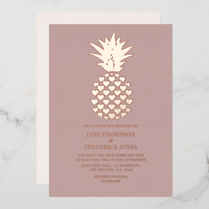 Invitation En Aluminium Mariage Tropical à l'Ananas Rose Poussiéreux et Or