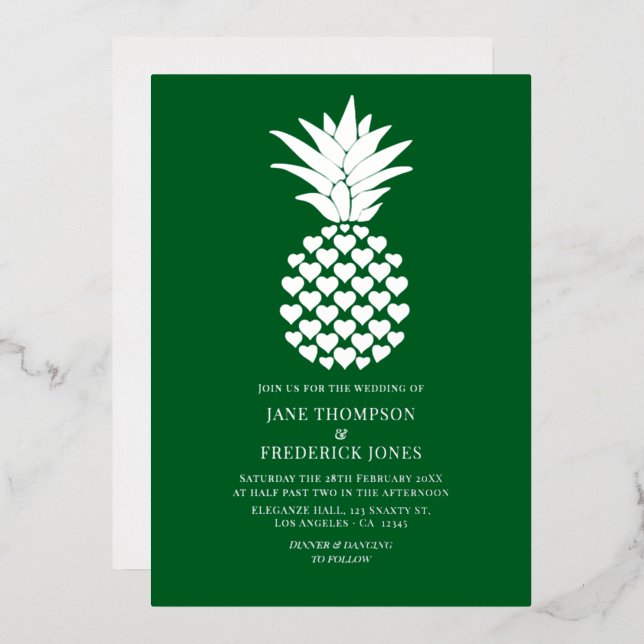 Invitation En Aluminium Mariage Tropical à l'ananas Vert forêt et Argent (Recto/Verso)