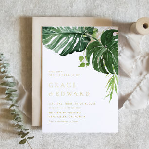 Invitation En Aluminium Mariage tropical à l'aquarelle avec Monstera
