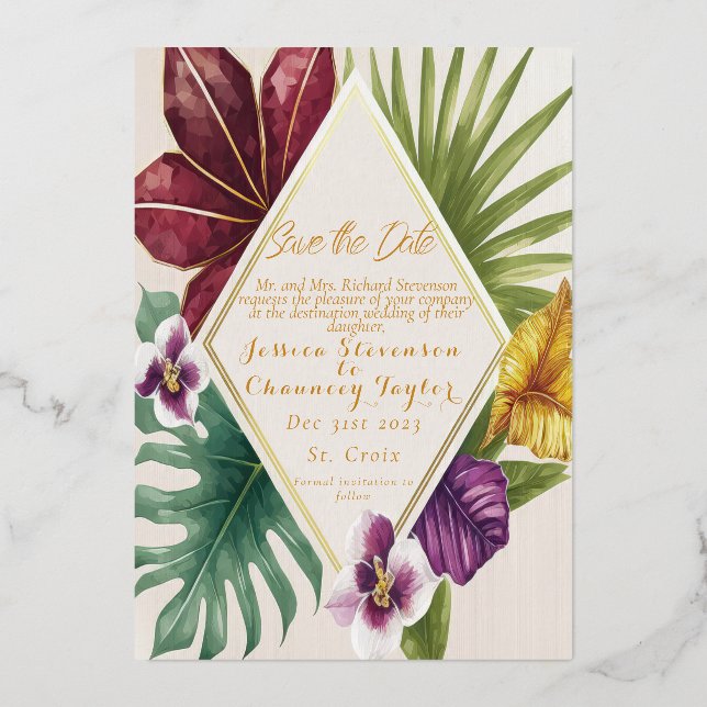 Invitation En Aluminium Mariage Tropical de Destination Enregistrez la Dat (Recto)