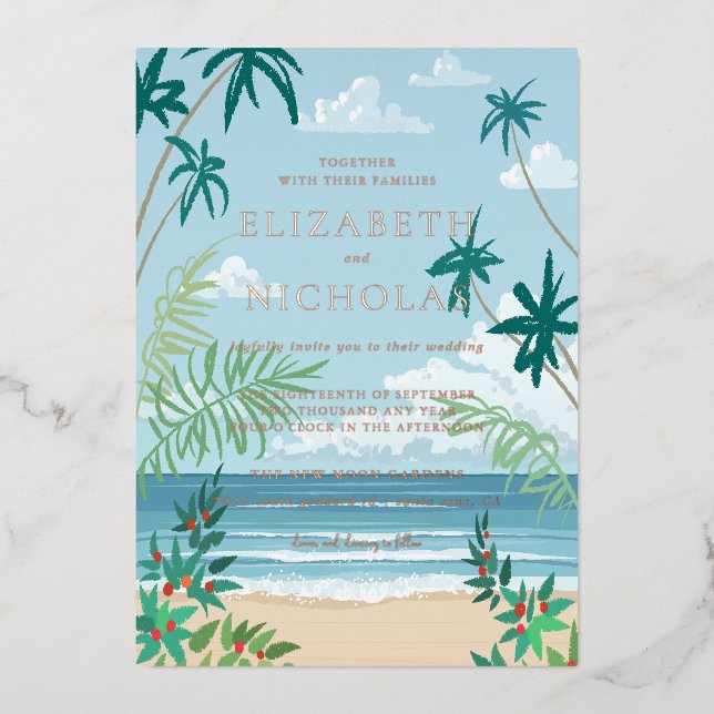 Invitation En Aluminium Mariage tropical sur la plage (Recto)