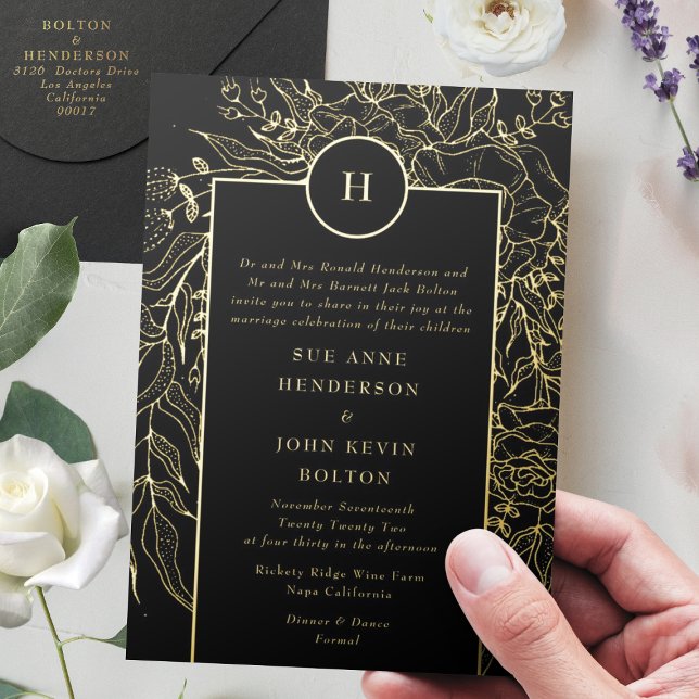 Invitation En Aluminium Mariage Tunique Noir Éditable Monogramme Couronne  (Invitation showcasing suite - additional items (bought separately))