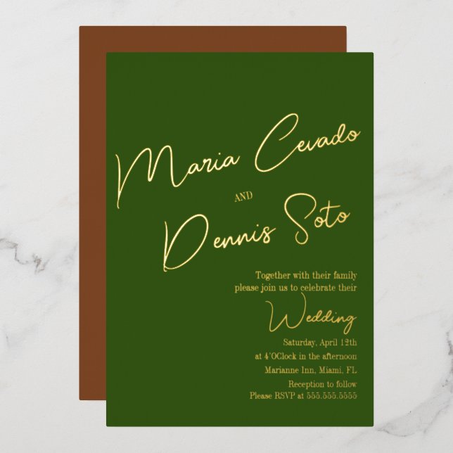 Invitation En Aluminium Mariage Vert Botanique Brun Script  (Recto/Verso)