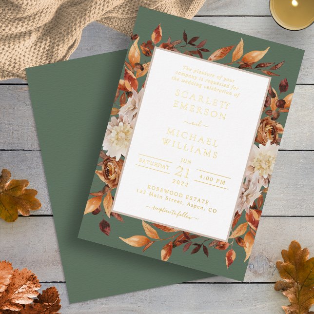 Invitation En Aluminium Mariage vert d'automne (Elegant Autumn Sage Green Floral Wedding Foil Invitation by Painted Paperie
)