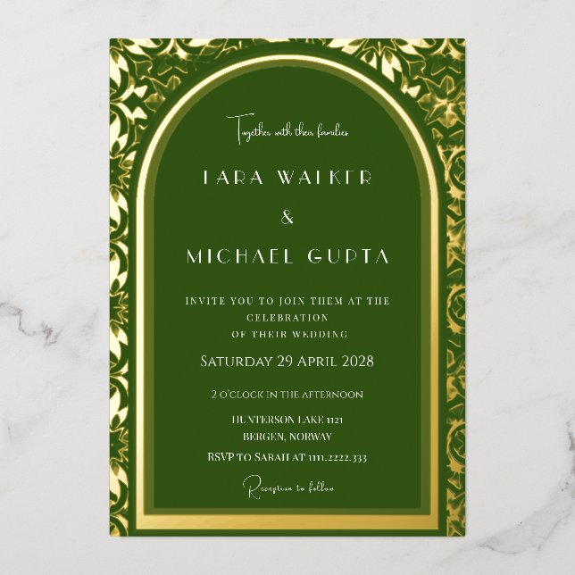 Invitation En Aluminium Mariage Vert Forêt (Rétro-Pointillé) (Recto)