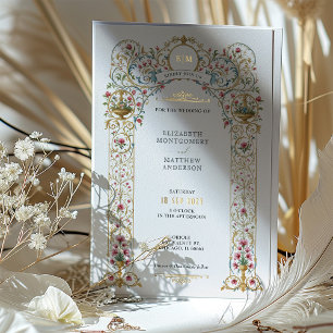 Invitation En Aluminium Mariage victorien aux roses roses et urnes dorées