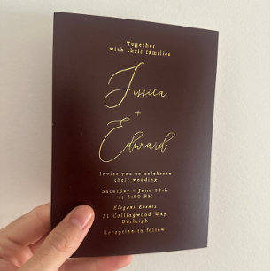 Invitation En Aluminium Mariage Vin de Bourgogne et feuille d'or