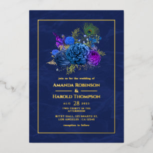 Invitation En Aluminium Mariage vintage bleu marine et or Paon