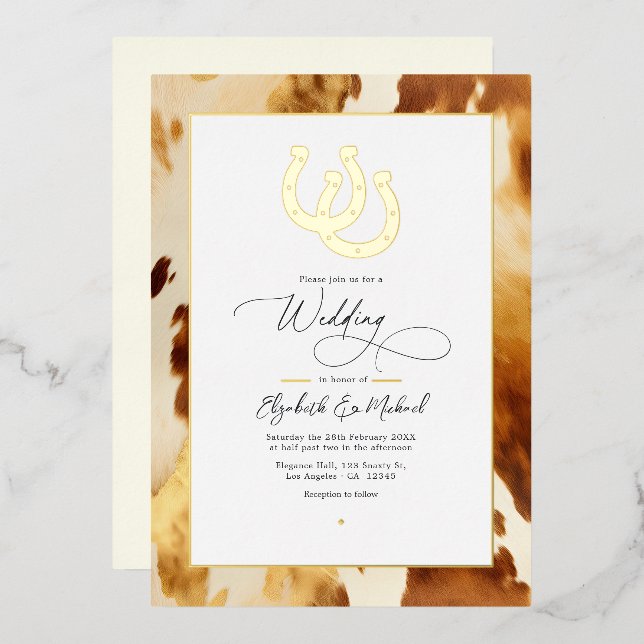 Invitation En Aluminium Mariage Western Rustique en Cuir de Vache (Recto/Verso)