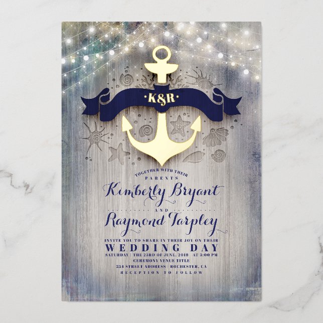 Invitation En Aluminium Marine Ancre bleu et or Rustic Beach Mariage (Recto)