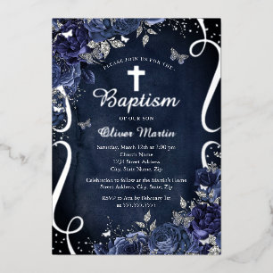 Invitation En Aluminium Marine Argent Floral Papillon Garçon Baptême