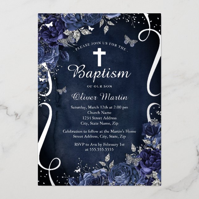 Invitation En Aluminium Marine Argent Floral Papillon Garçon Baptême (Recto)