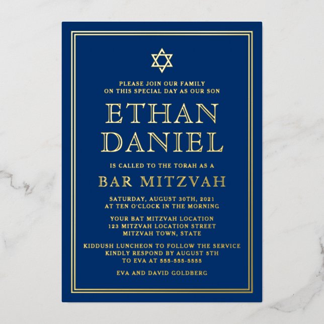 Invitation En Aluminium Marine bleu bar mitzvah étoile de David or ou arge (Recto)