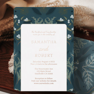 Invitation En Aluminium Marine Bleu Botanique Blanc Mariage d'hiver