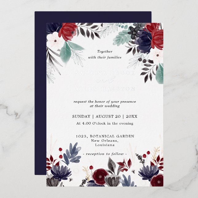 Invitation En Aluminium Marine Bleu Bourgogne gothique Floral Mariage (Recto/Verso)