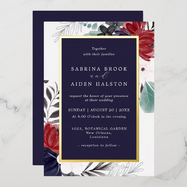 Invitation En Aluminium Marine Bleu Bourgogne gothique Floral Mariage (Recto/Verso)