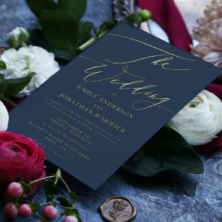 Invitation En Aluminium Marine Bleu Élégant Plein Vrai Or Le Mariage