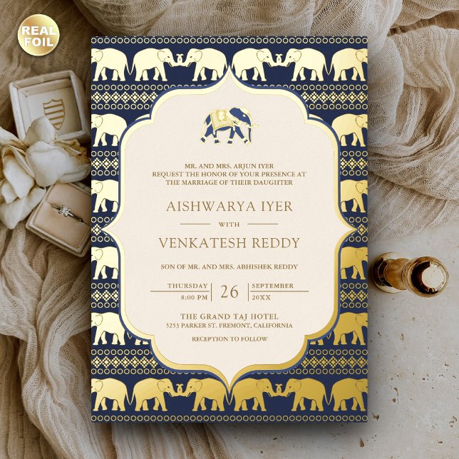 Invitation En Aluminium Marine Blue Elephant Indien Photo Mariage Gold (Créateur téléchargé)
