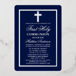 Invitation En Aluminium Marine Blue First Holy Communion Cross Argent