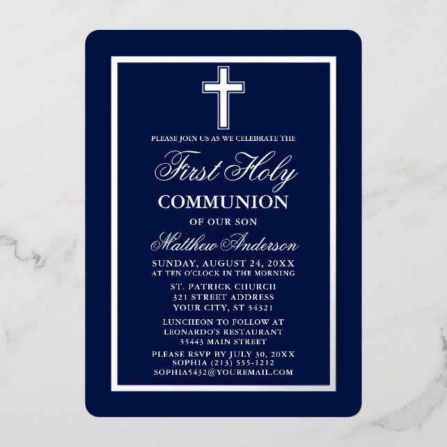 Invitation En Aluminium Marine Blue First Holy Communion Cross Argent (Recto)