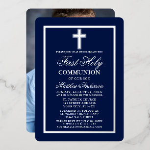 Invitation En Aluminium Marine Blue First Holy Communion Photo Cross Silve