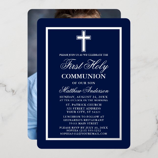 Invitation En Aluminium Marine Blue First Holy Communion Photo Cross Silve (Recto/Verso)