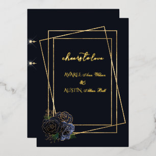 Invitation En Aluminium Marine Blue Glam Roses et Black and Gold Foil