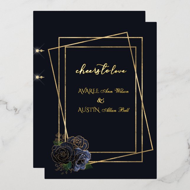 Invitation En Aluminium Marine Blue Glam Roses et Black and Gold Foil (Recto/Verso)