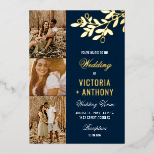 Invitation En Aluminium Marine Blue Gold Berry Twig 3 Photos Mariage