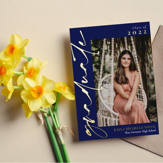 Invitation En Aluminium Marine Blue Gold Calligraphie Photo Graduation (Créateur téléchargé)