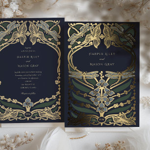 Invitation En Aluminium Marine Blue Gold Foil Art Nouveau Dragonfly Mariag
