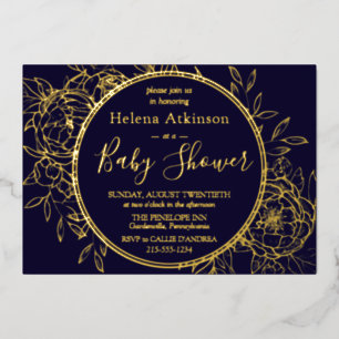 Invitation En Aluminium Marine Blue & Gold Moderne Peony Toile Baby shower