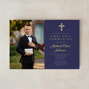 Invitation En Aluminium Marine Blue Gold Script Boy Photo First Communion