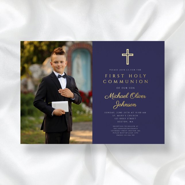 Invitation En Aluminium Marine Blue Gold Script Boy Photo First Communion (Navy Blue Gold Script Boy Photo First Communion Foil Invitation)