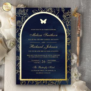 Invitation En Aluminium Marine Blue Line Art Arch Papillon Mariage Or